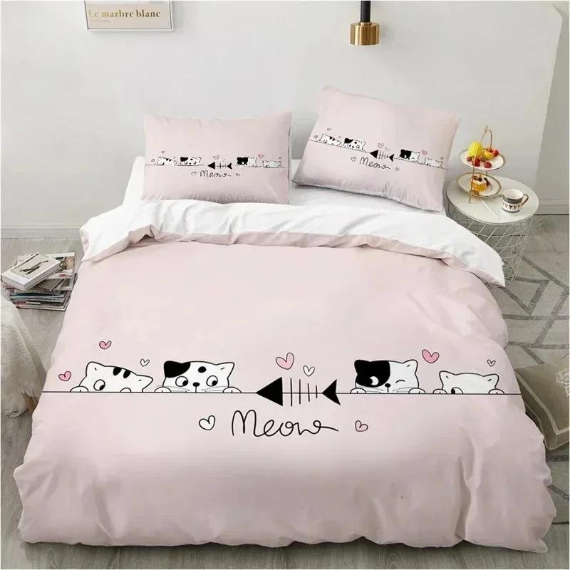 Cute Cartoon Animals Pink Toddler Bedding Set 3D Funny Cat Print Duvet Cover Twin Queen Size For Teens Kids Girls Bedroom Decor