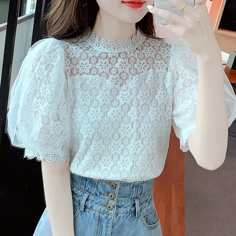 بلوزة دانتيل بأكمام قصيرة للنساء ، بلوزة أنيقة بياقة عالية ، قميص أبيض ، حلو ، زهرة ، كروشيه ، الصيف ،