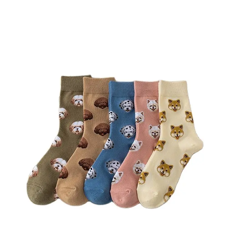 Cute Cartoon Dog Middle Tube Sock Women Ins Creative Female Sokken Printed with Shiba Inu Dalmatian Malzis Teddy Pomeranian Drop