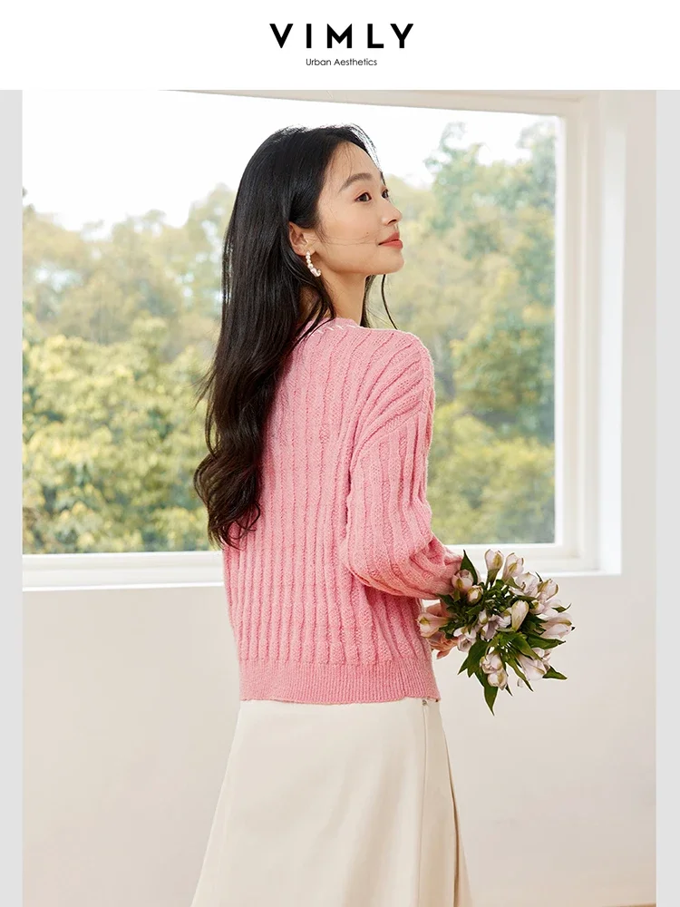 VIMLY Women Office Lady Sweater Autumn Winter O-Neck Knitwear Casual Solid Bottoming Knit Pullovers Fashion Simple Pink Warm Top