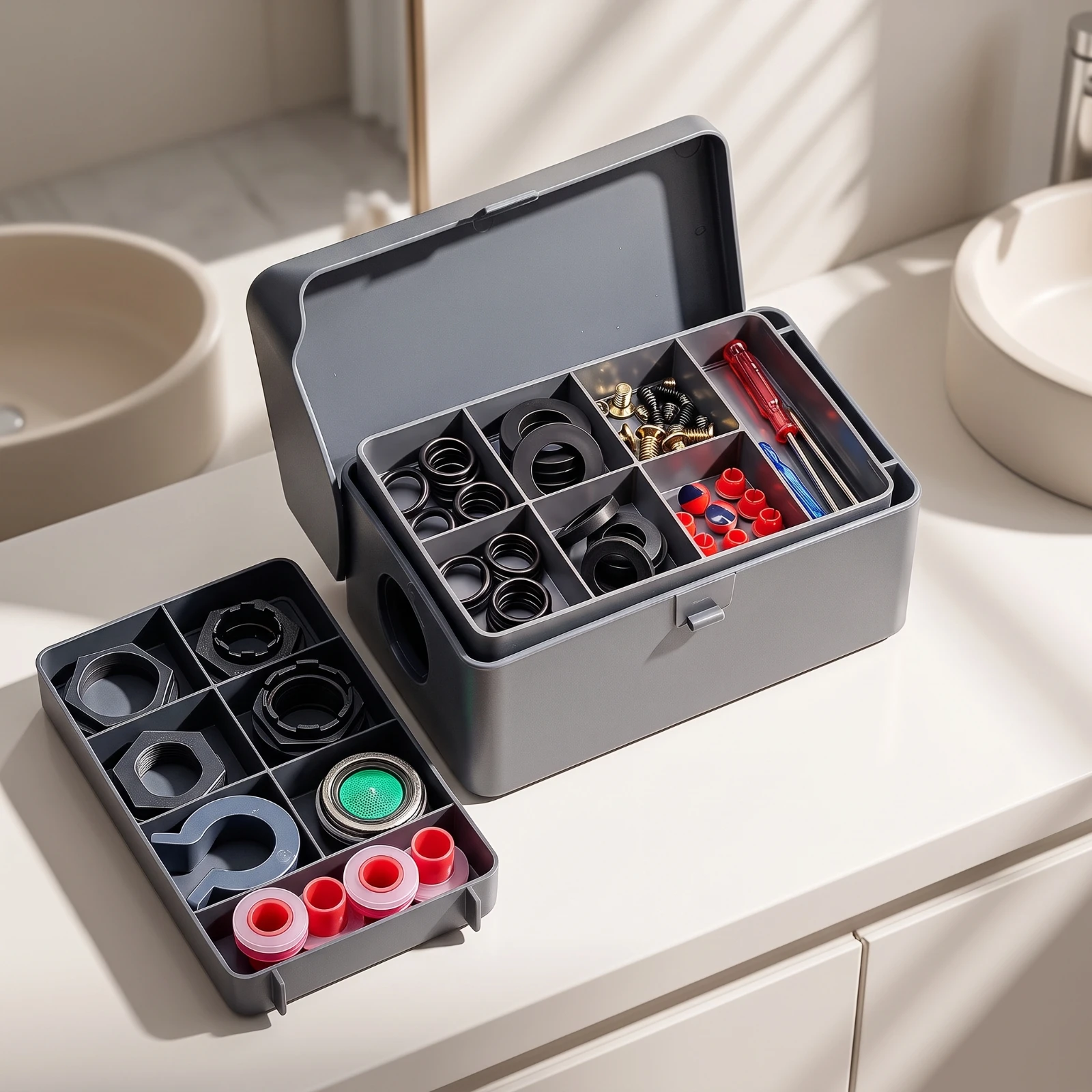 Plumbing Parts Organizer Portable Small Parts Organizer Repair Tool Case Strong Latches Storage Case with Handle Space-Efficient