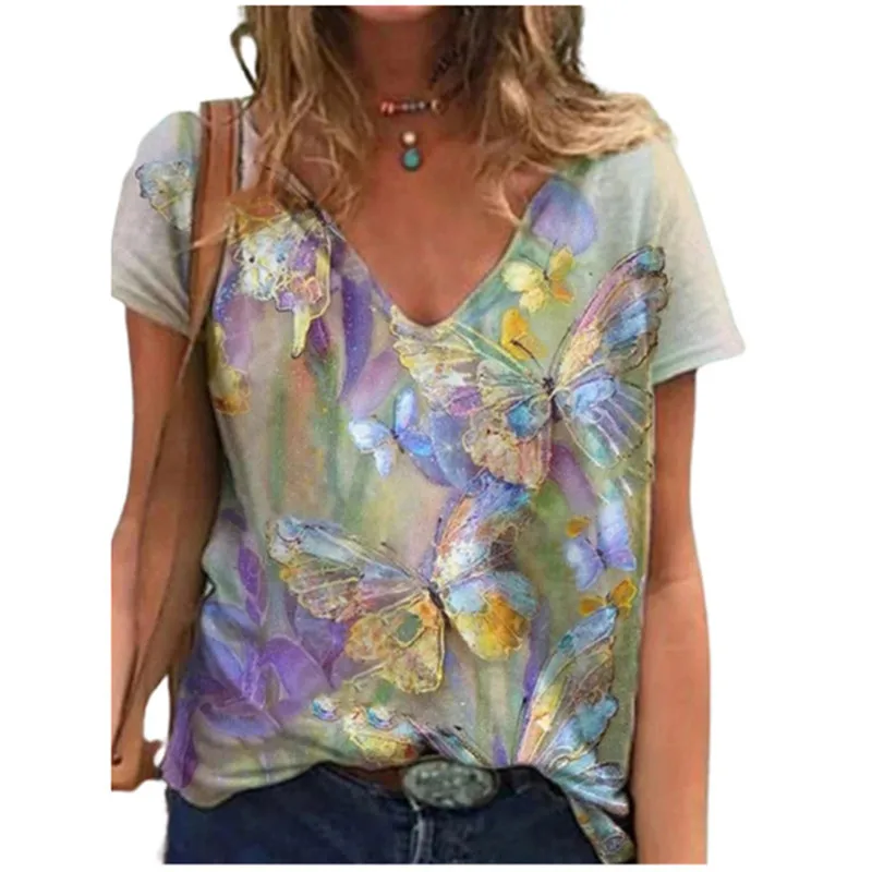 Fashion New Flower Floral 3D Print T-Shirts Women\'s Streetwear V-Neck T Shirt Female Tee Tops Oversized Harajuku Y2k Clothing