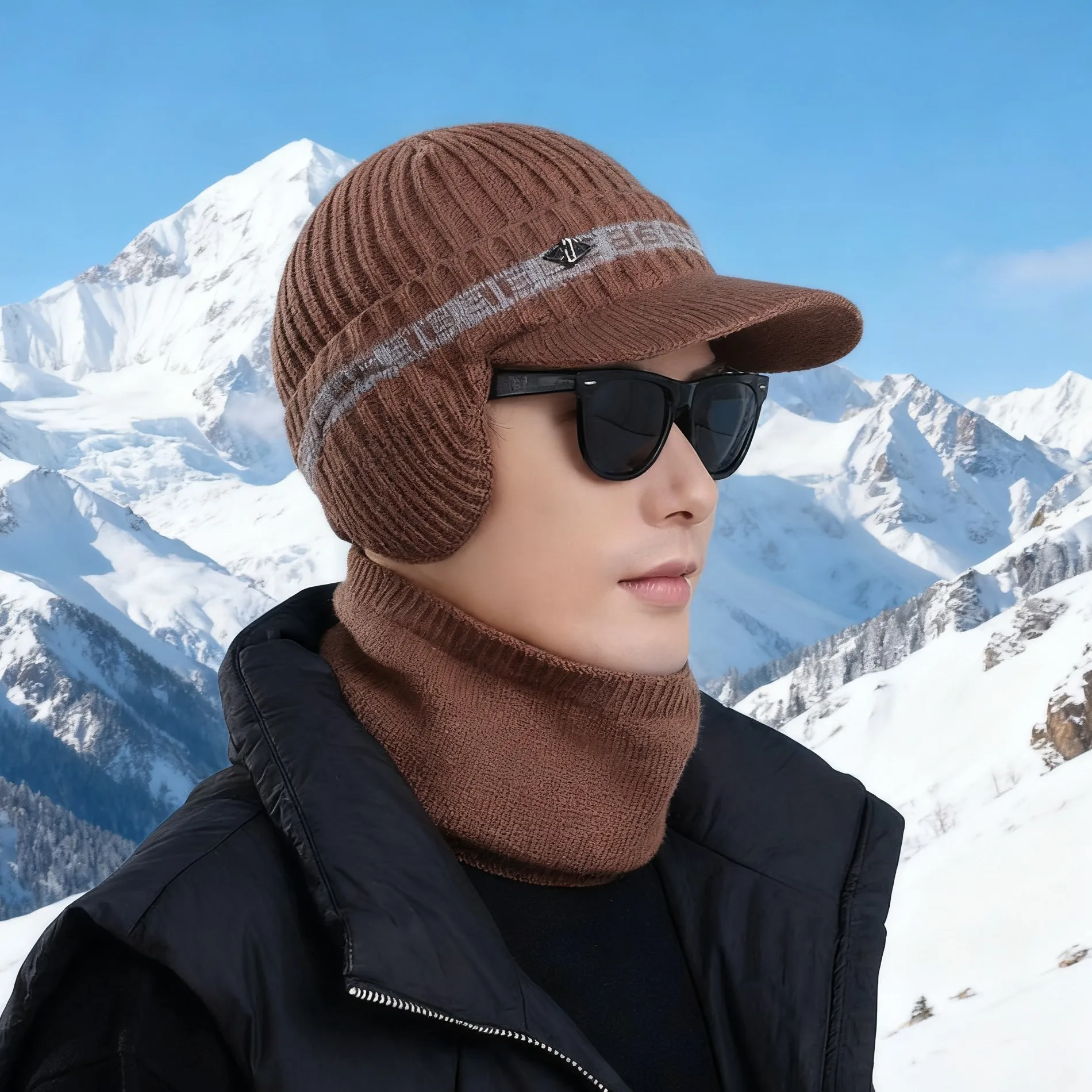 الرجال الشتاء قبعة طقم أربطة عنق 2 قطع الشتاء مجموعة الذكور في الهواء الطلق الصوف الدفء قناع بيني و وشاح مجموعة جديد 2025 الشتاء Hot البيع