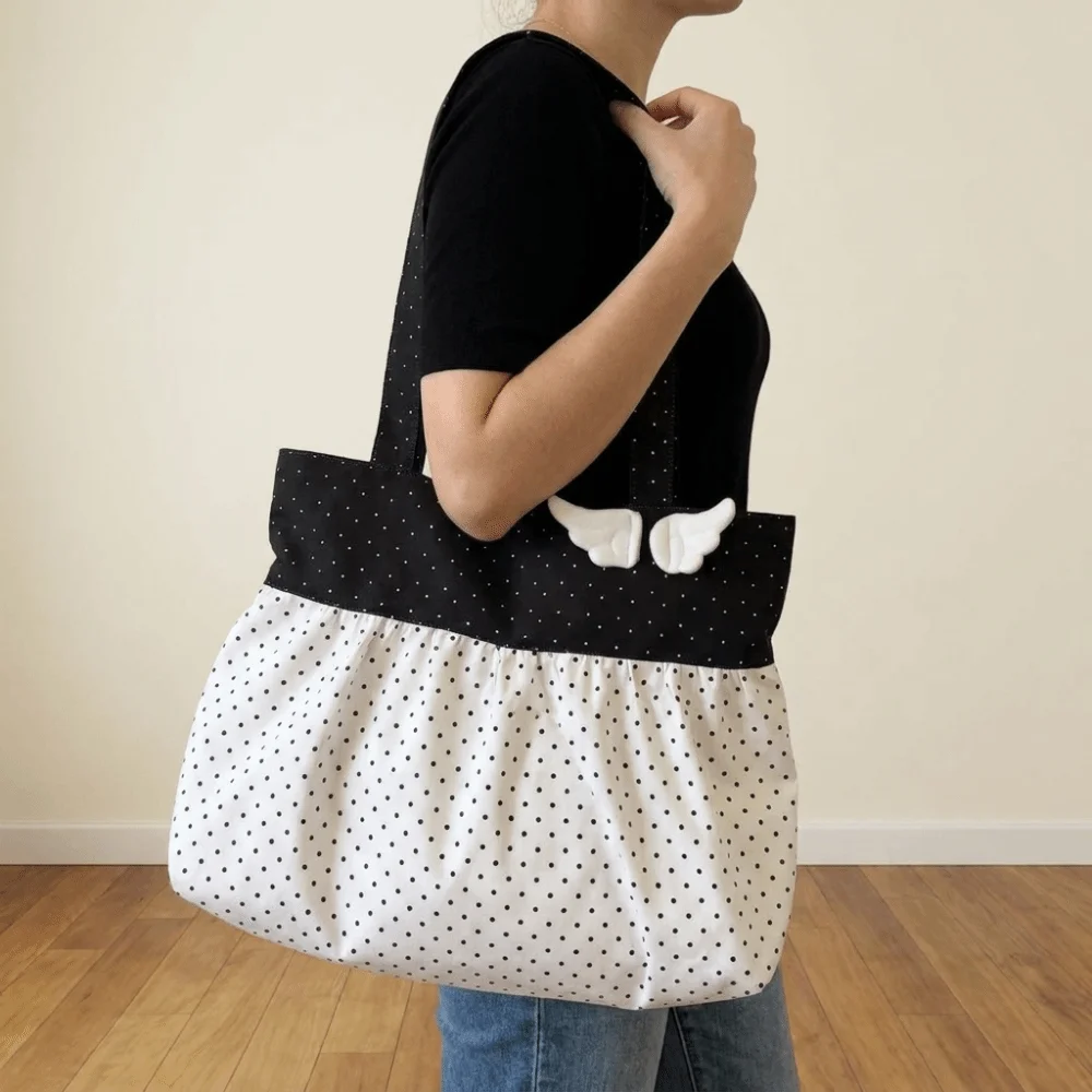 Cute Wing Polka Dot Shoulder Bag Canvas Pleated Retro Tote Bag Lightweight Large Capacity Printing Handbag Ladies