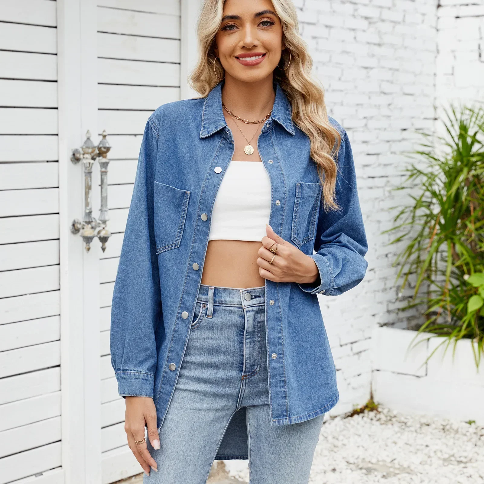 

Denim Shirts for Women Washed Blouse Outerwear 2025 Jackets Pockets Lapel Single Breasted Streetwear Female Overshirt Tops