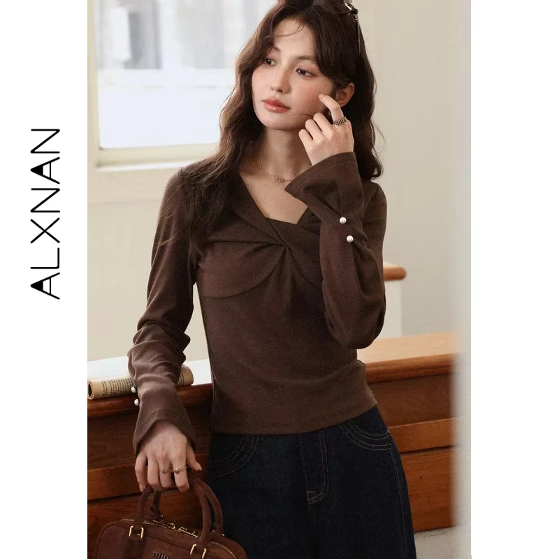 ALXNAN Brown Long Sleeve T-shirt Women Autumn Slim-fit V-neck Twisted Cuffs Pearl Design Pullover Casual Tees Female L56859-1