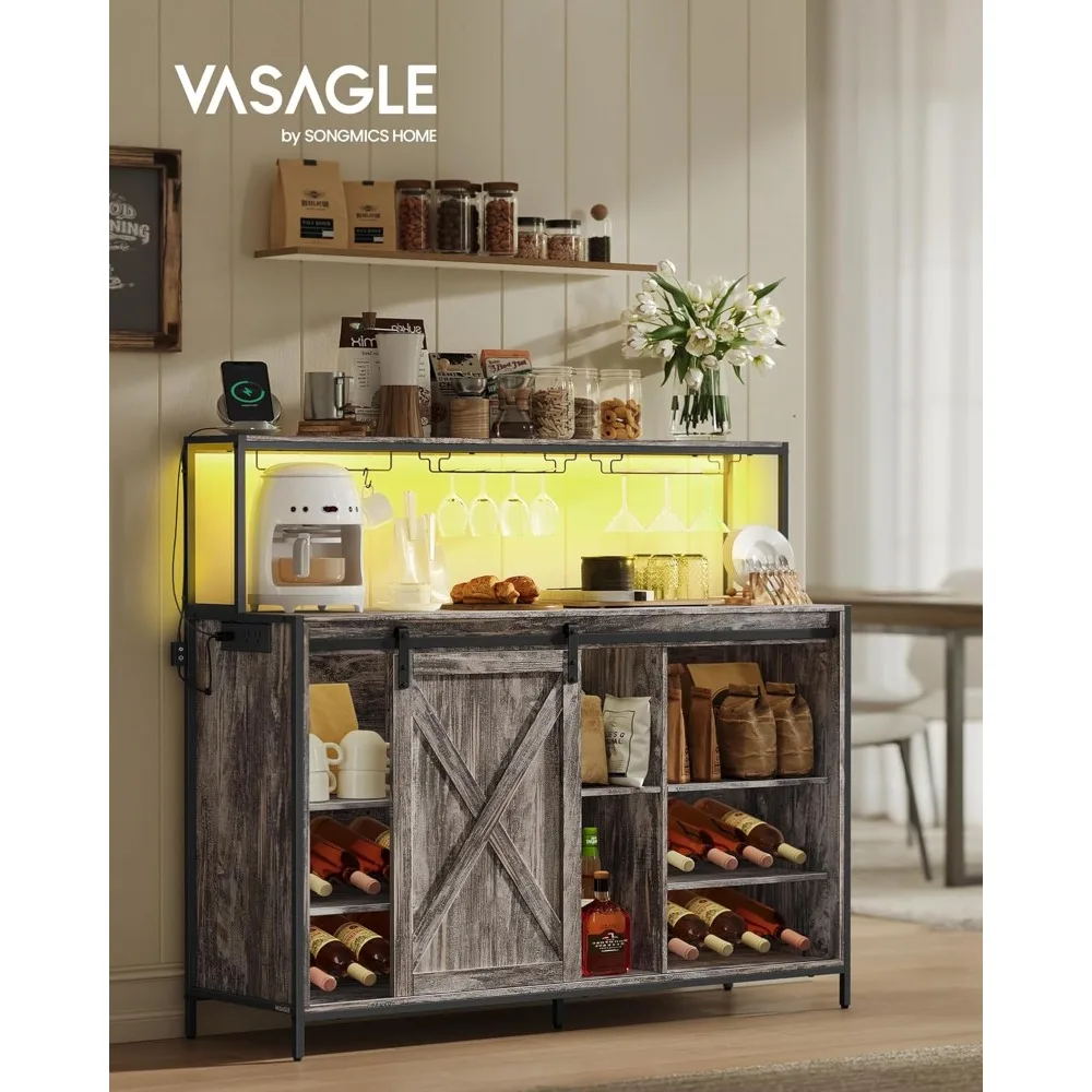 خزانة بار القهوة مع مخرج طاقة وإضاءة LED للتحكم الصوتي، وخزانة بوفيه مع أبواب الحظيرة المنزلقة، وخطافات S، والنبيذ #2