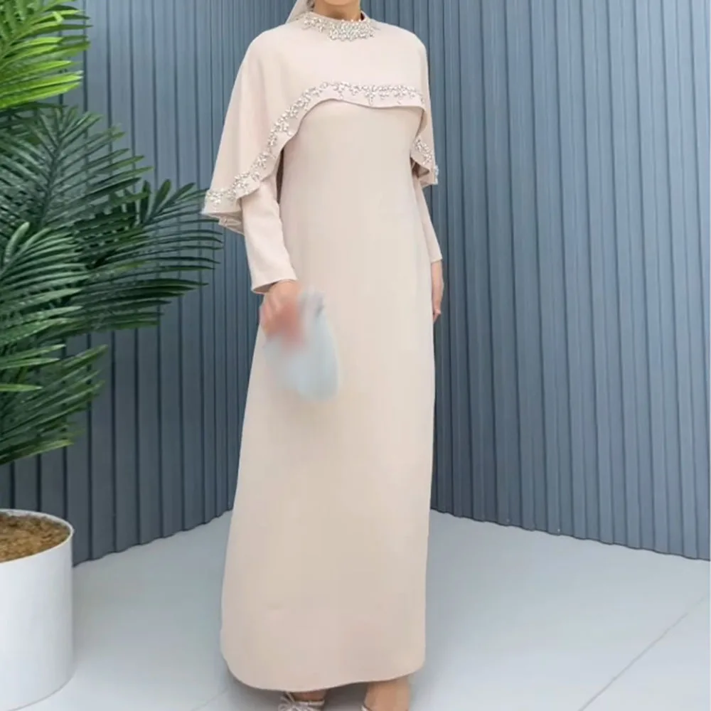 

Customized A-Line Prom Dresses Ankle-Length High-Neck Full Sleeve Evening Gown Fashion Stole Crystal Simple Draped PartY Gown