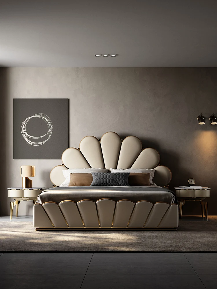 

Italian minimalist bed large-sized villa master bedroom high-end luxury design light luxury leather double bed