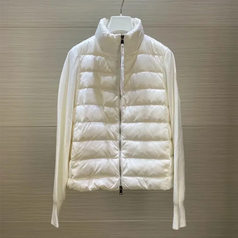 Knitted and spliced down jacket for autumn and winter 2023, versatile top for outerwear, white duck down light and thin standing