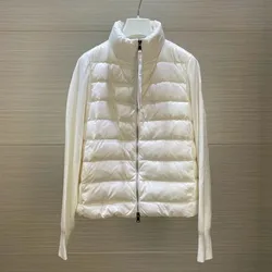 Knitted and spliced down jacket for autumn and winter 2023, versatile top for outerwear, white duck down light and thin standing