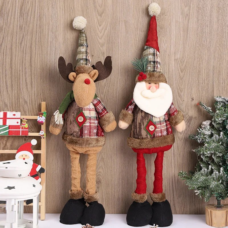 New Retro Grid Christmas Doll Decorations Santa Claus Snowman Elk Telescopic Doll Home Xmas Ornaments Kids Gifts 2025