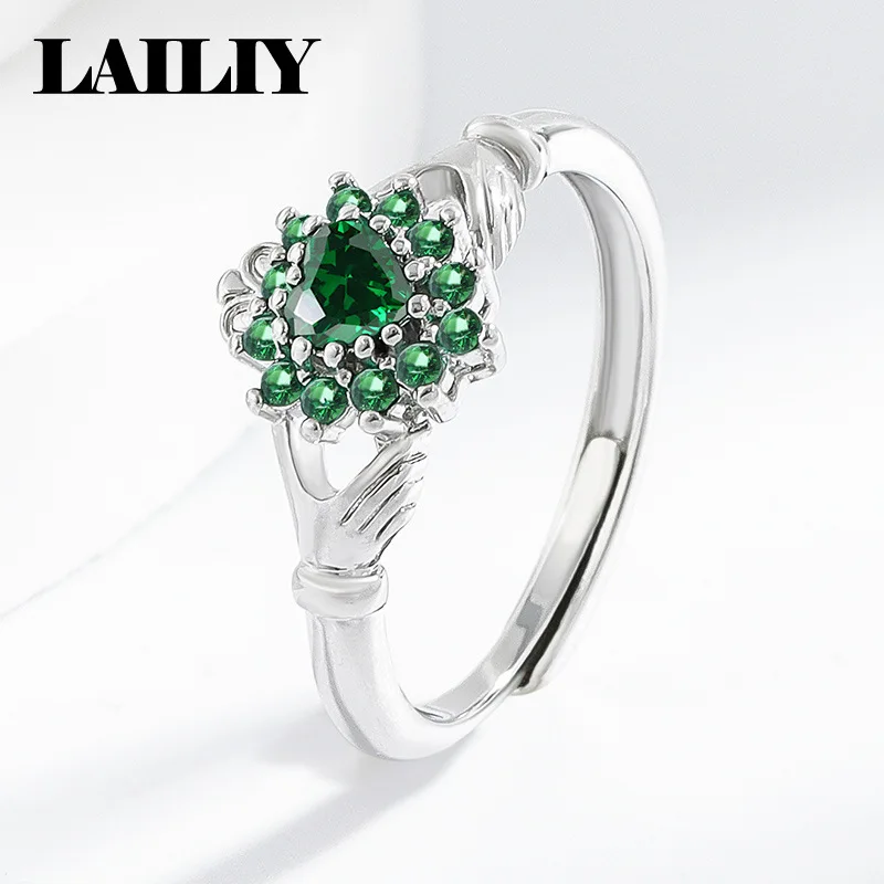 LAILIY 925 Sterling Silver Birthday Gift Party Heart Emerald Diamond Adjustable Ring for Women Fashion Jewelry Accessories