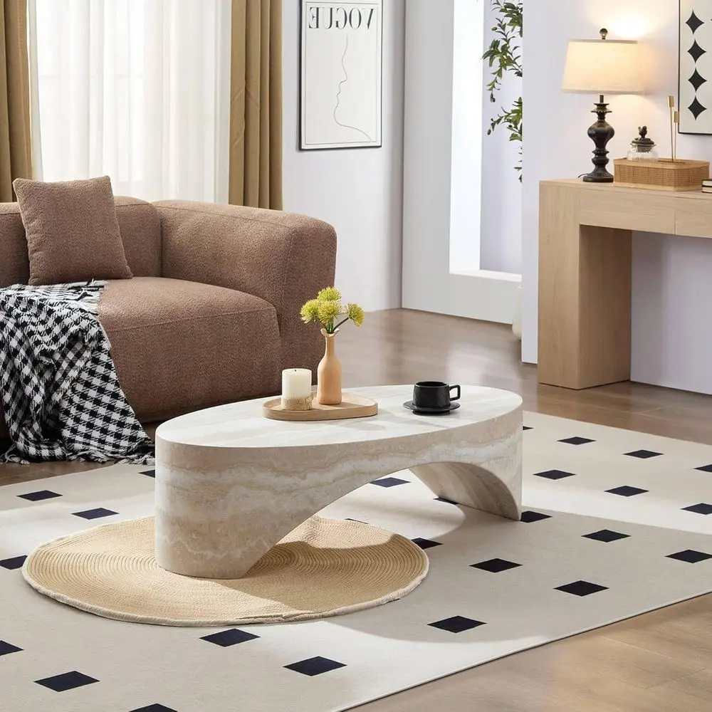 

Oval Marble-Inspired Coffee Table, Elegant Living Room Centerpiece, No-Assembly, Ivory Travertine Finish