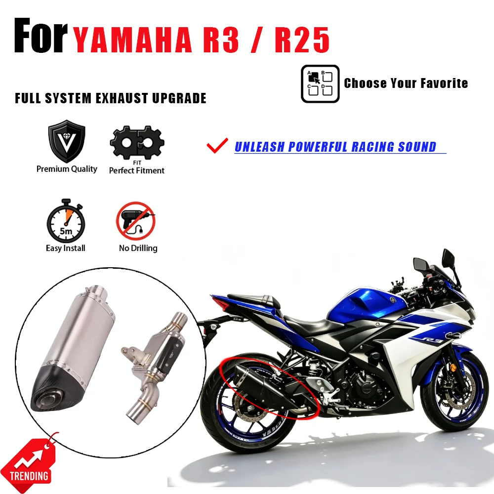 For Yamaha R3 R25 Motorcycle Modified Exhaust Pipe Full System Mid Link Pipe Tail Muffler Escape Moto Accesorios Scarico Parts