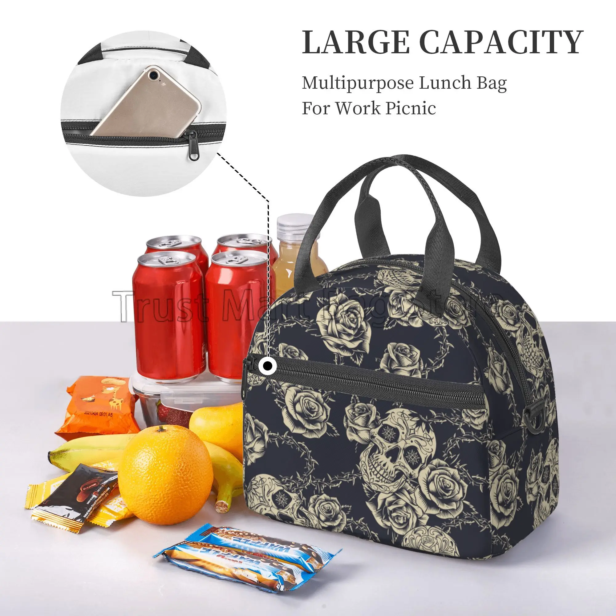 Vintage Tattoos Skull Rose Insulated Lunch Bag Women Waterproof Reusable Thermal Bento Lunch Box with Adjustable Shoulder Strap