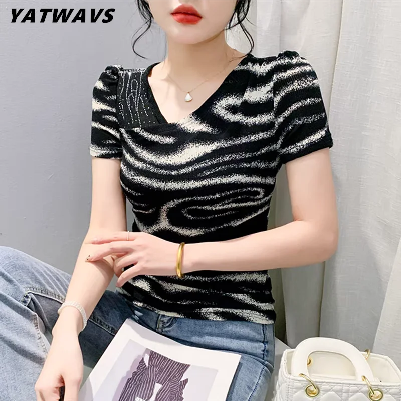 

New Summer Chic European Vintage Striped T-shirts Clothes Women Sexy V-Neck Hot Diamonds Tops Female Short Sleeve Slim Tees