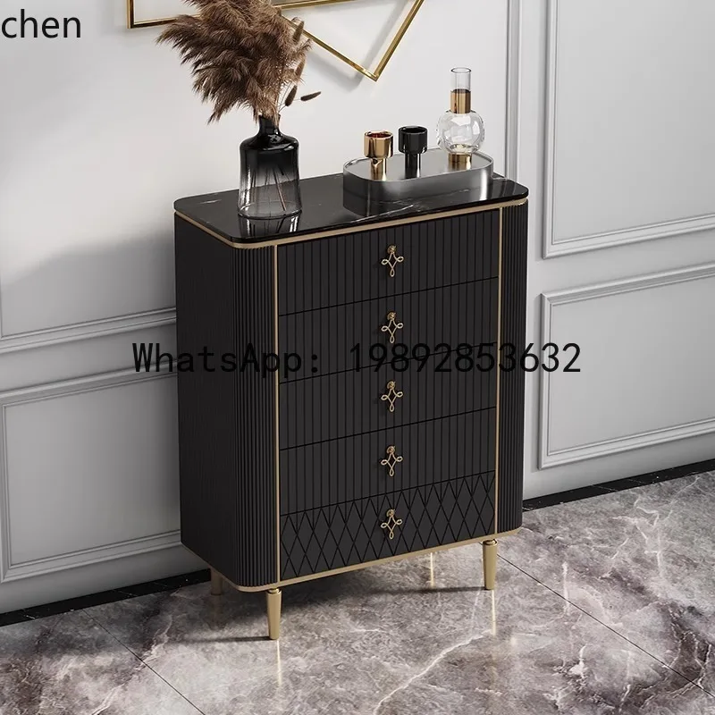 YFY  Five-Drawer Cabinet Bedroom Simple Modern Storage Drawer Cabinet Living Room Wall-Mounted Marble Black Side Cabinet