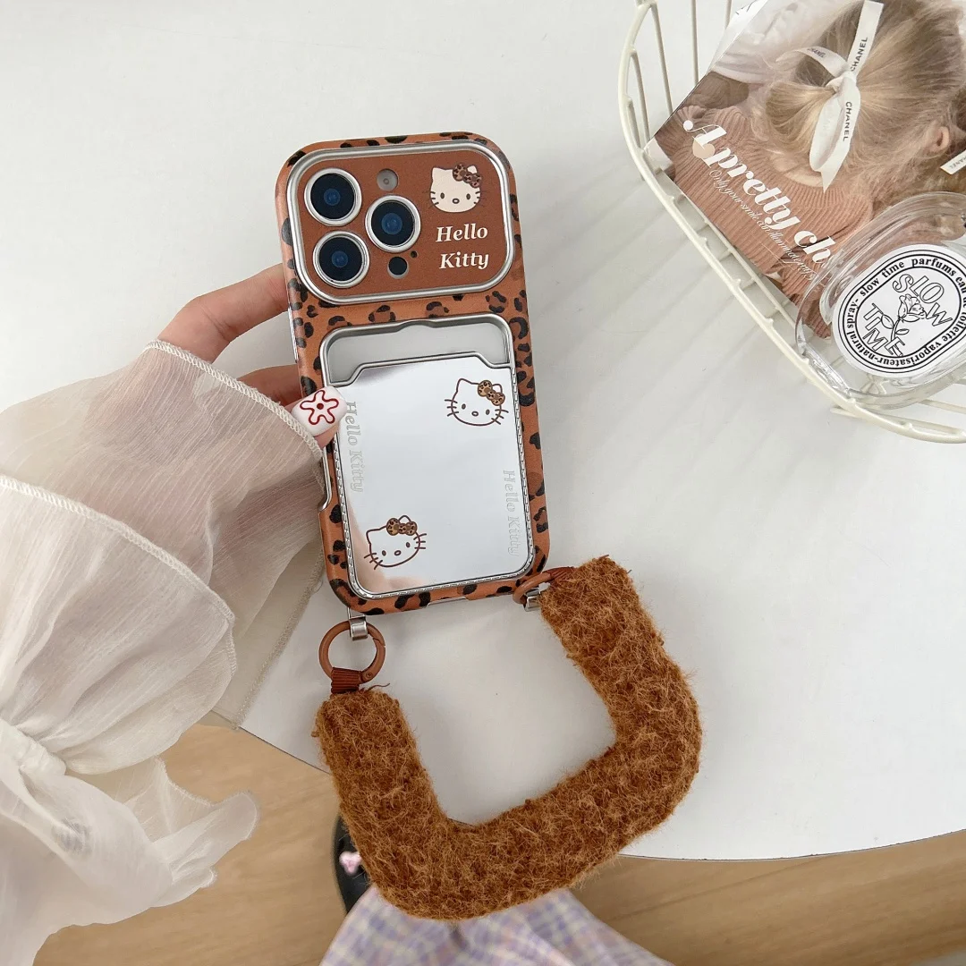 

Leopard print mirror Card Slot Bag Holder Phone Case For iPhone 13 15 16 11 17 14 Pro Max Plus Cartoon Cute Cover﻿﻿