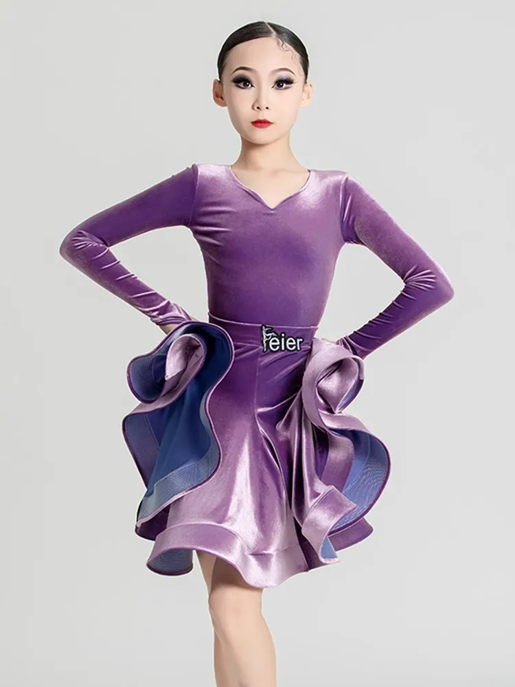 

Cha Cha Tango Ballroom Latin Dance Girls Stage Competition Costume Advanced Sense Velvet Children Dazzle Velvet Race Suit