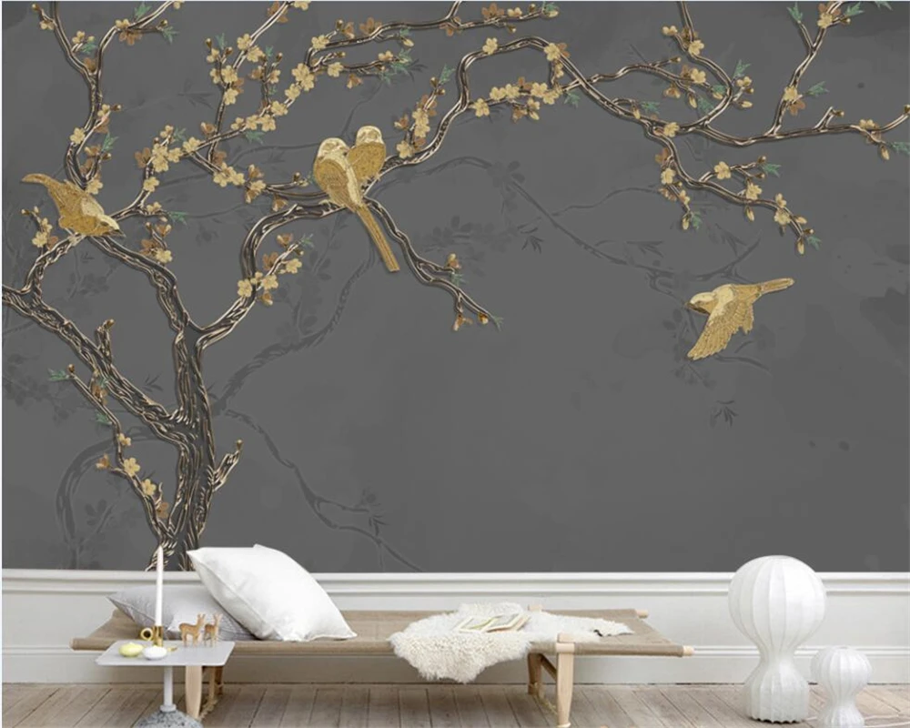 

Custom Mural 3d National Tide New Chinese Plum Blossom Wallpaper Living Room Bedroom Flowers and Birds Golden Embossed Line TV