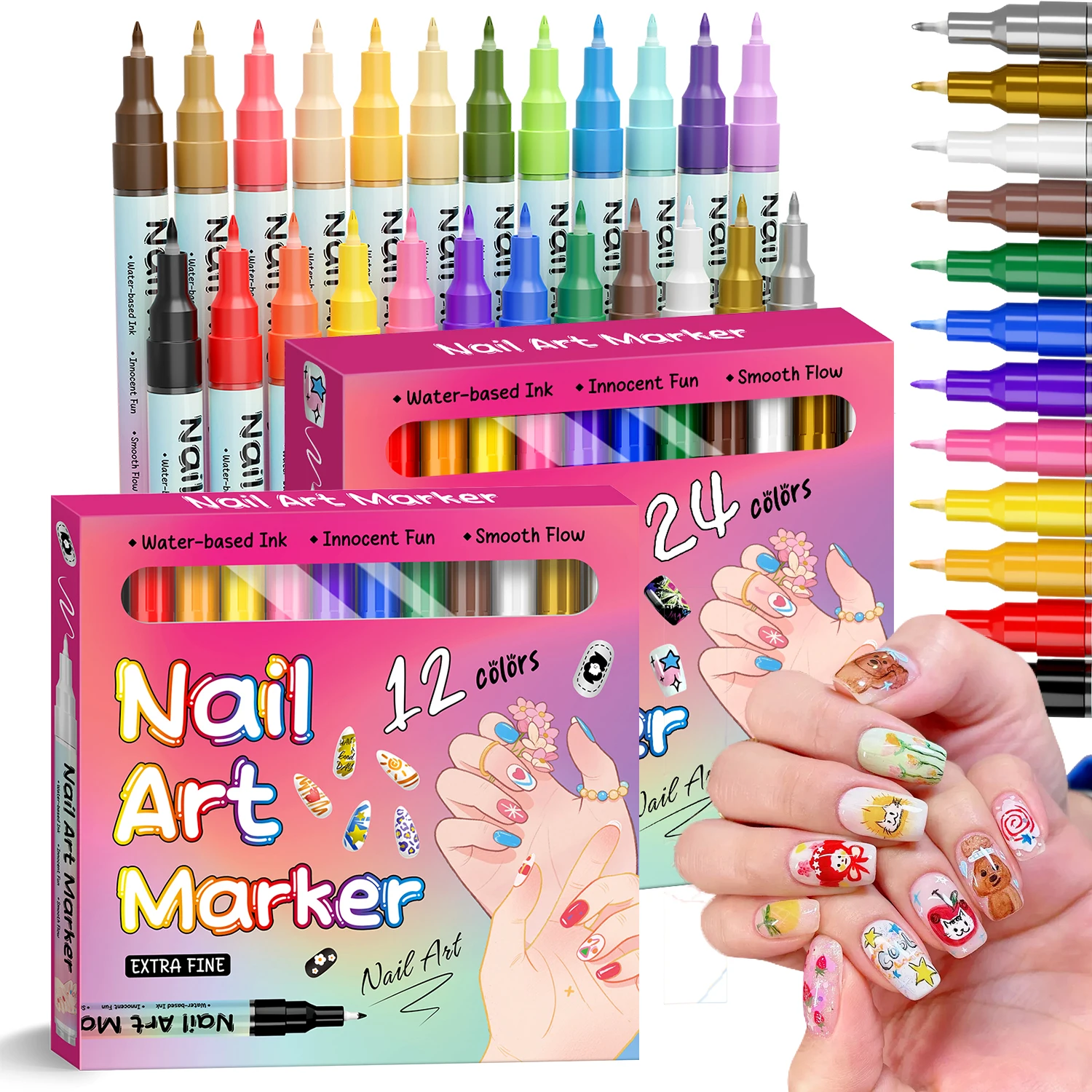 

12 Colors / 24 Colors 0.5mm Ultra-Fine Nail Art Pens, with a Press-To-Ink Design, Quick-Drying, Waterproof, Fade-Resistant, High-Saturation Color Pigments for One-Stroke Coloring, Suitable for DIY Hand-Drawn Lines, Patterns, and Details, Beginner-Friendly