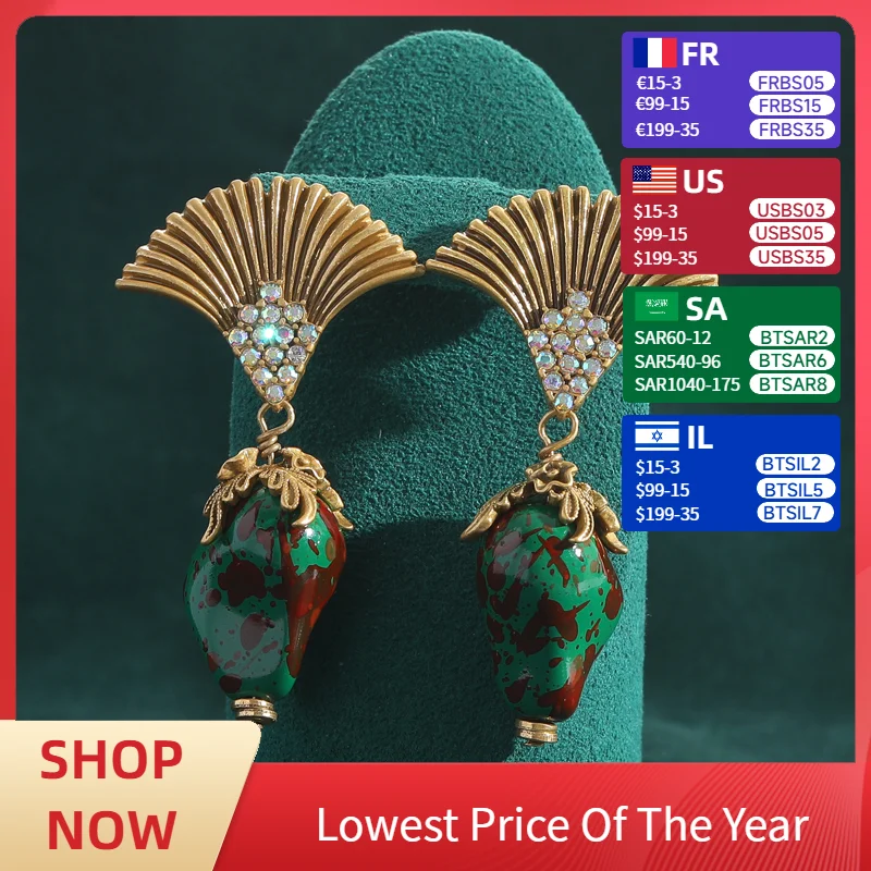

Baroque Green Glass Stone Handmade Beaded Dangle Earrings Fan Inlaid Color Cubic Zircon Vintage Jwellery for Girls Pendientes