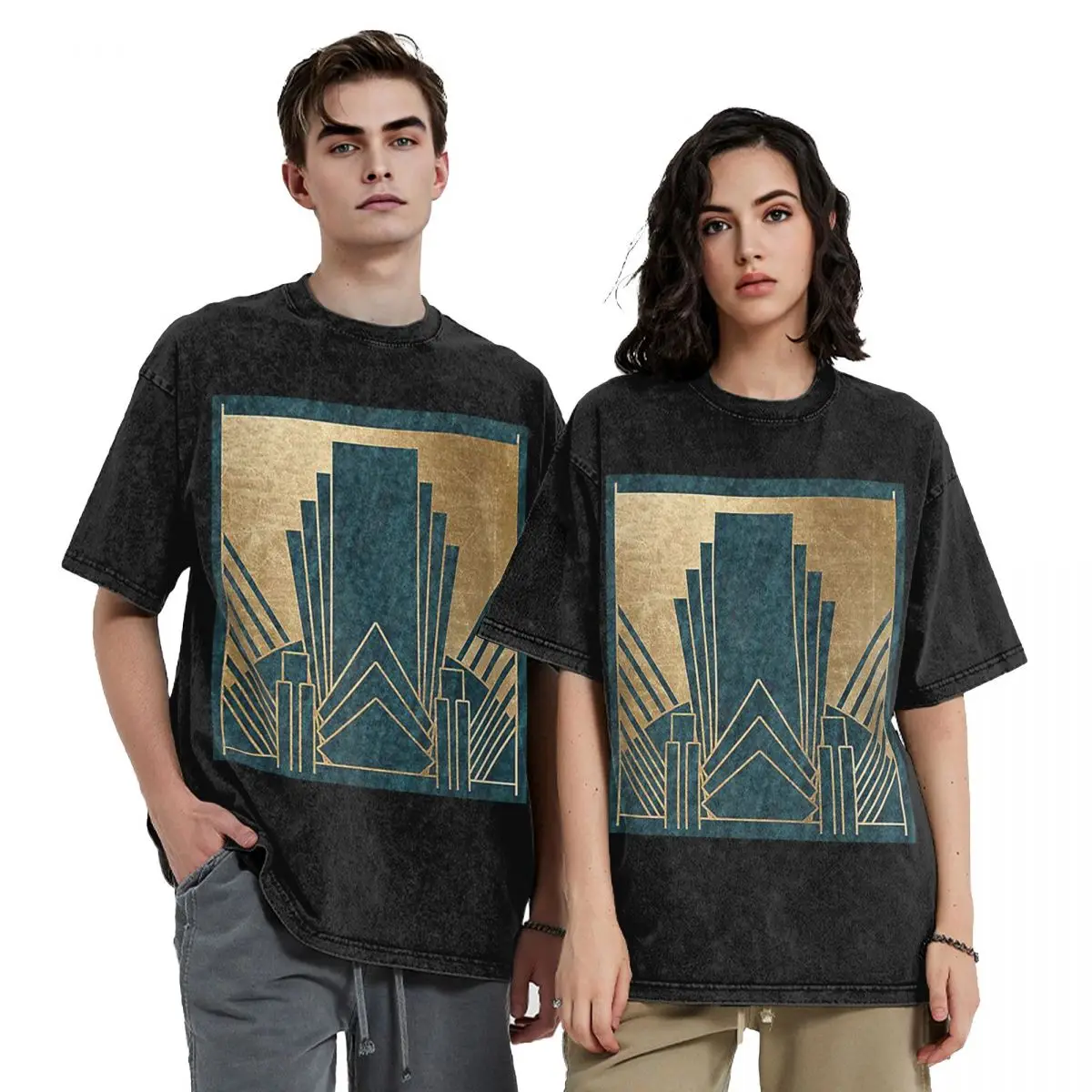 Art Deco Glamour - Teal And Gold Washed T Shirts Harajuku Short Sleeve Hip Hop T-Shirt Streetwear Tops Tees for Men Women