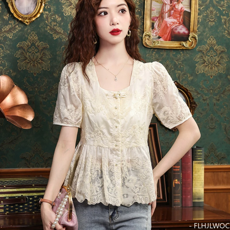 Embroidery Cute Chic Tops Hot Women Summer Korea Japan Style Design Slim Waist Peplum Button Shirt Blouse FLHJLWOC Vintage