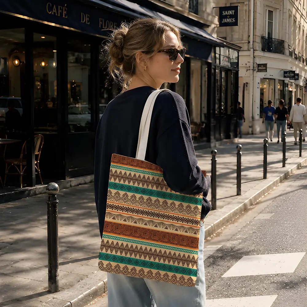 Pattern Boho V-Vintage Tribal Geometric Storage Bags Reusable Canvas Tote Suitable for School Class Commuting Shopping as Gifts