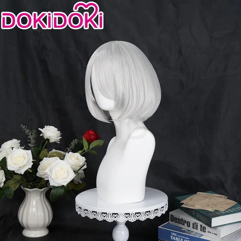 DokiDoki YoRHaa Game Cosplay Wig para Mulheres, 2B, Curto, Branco, Resistente ao Calor, Cabelo, Boné de Peruca Grátis, Tipo B, Em Stock