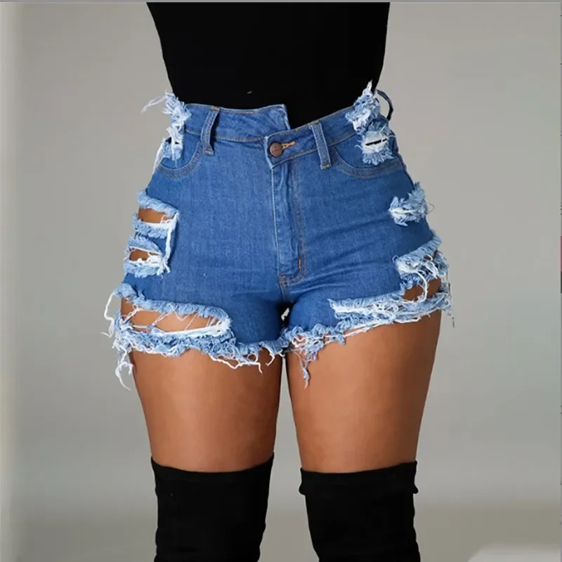 Hole Ripped Shorts Jeans Washed Distressed Denim High Waist Spliced Straight Loose Fit Pockets Vintage Casual Basics