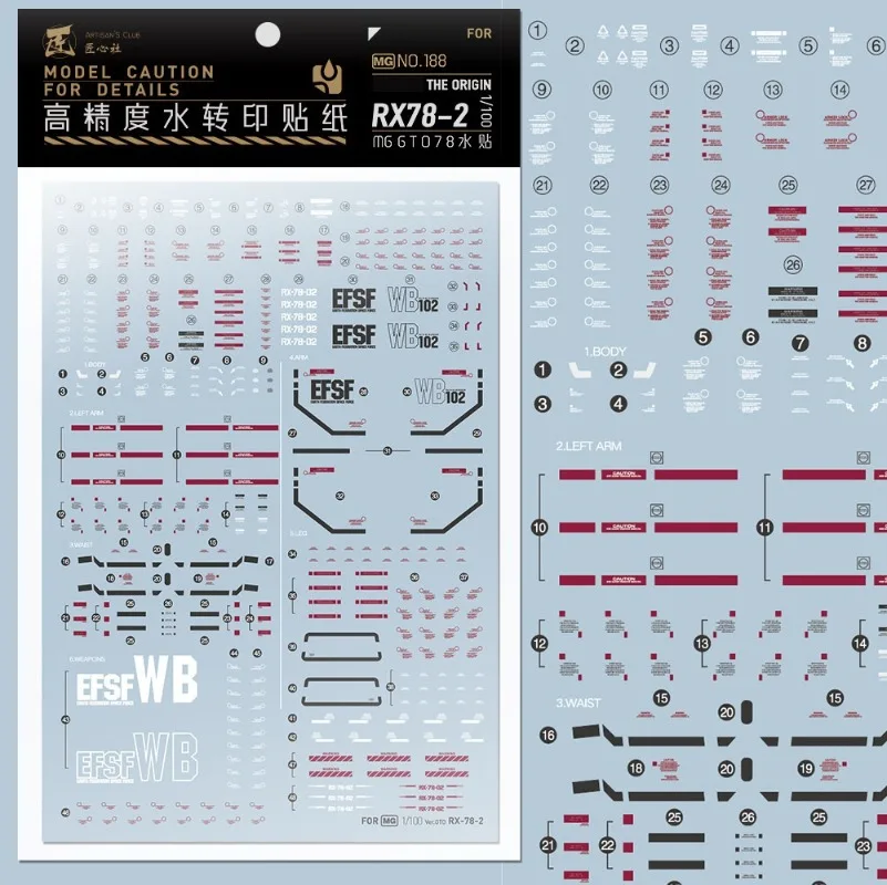 Artisan's Club Decal MG188 for MG 1/100 RX78‑2 GTO78 High Precision Water Sticker Hobby DIY Model Accessories