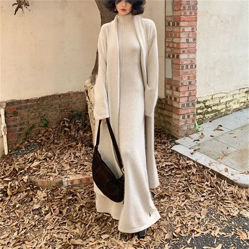 

Hong Kong-style Retro Long Knitted Cardigan High-neck Dress Two-piece Set Women New Autumn Winter Style Sweater Set for Women