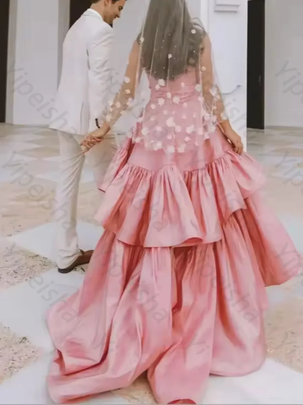Customized Pink Satin High Low Evening Gown Strapless Tiered Ruffles Prom Dress Unique Asymmetrical Formal Party Gowns For Women