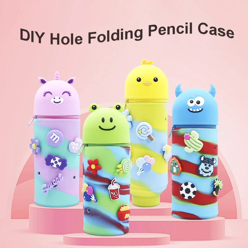 

Сумка для карандашей с отверстиями «сделай сам», выдвижной складной держатель для карандашей, большая емкость, единорог, мультяшные студенческие канцелярские принадлежности, силиконовая сумка для карандашей