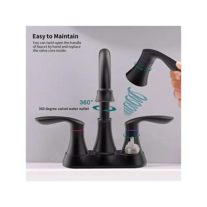 Bateria łazienkowa w kolorze matowej czerni z odpływem pop-up i wężami doprowadzającymi wodę, dwuuchwytowa, obrót 360 stopni °   Wysoki, obrotowy kran do umywalki łazienkowej o średnicy 6 cali.
