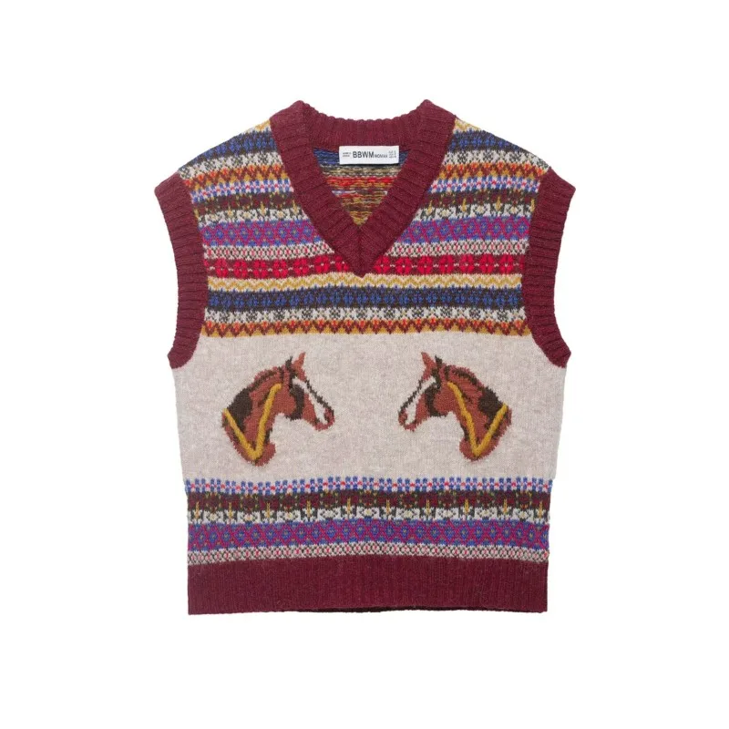 

Женский жаккардовый вязаный жилет: модный весенний топ с V-образным вырезом, без рукавов, с ребристой отделкой, повседневный, винтажный