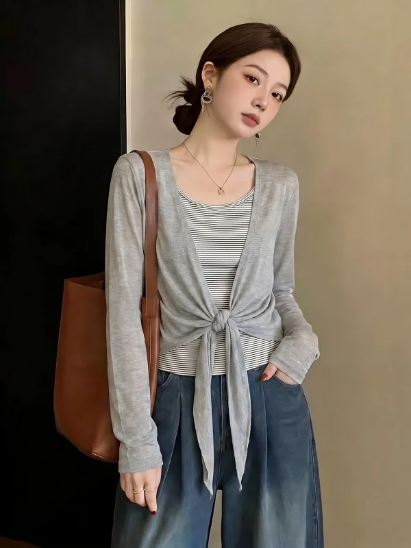 Women's Striped Tank Top Cardigan Outerwear Summer New plus Size Sun Protection Two-Piece Set Korean Style Loose Fit Long Sleeve