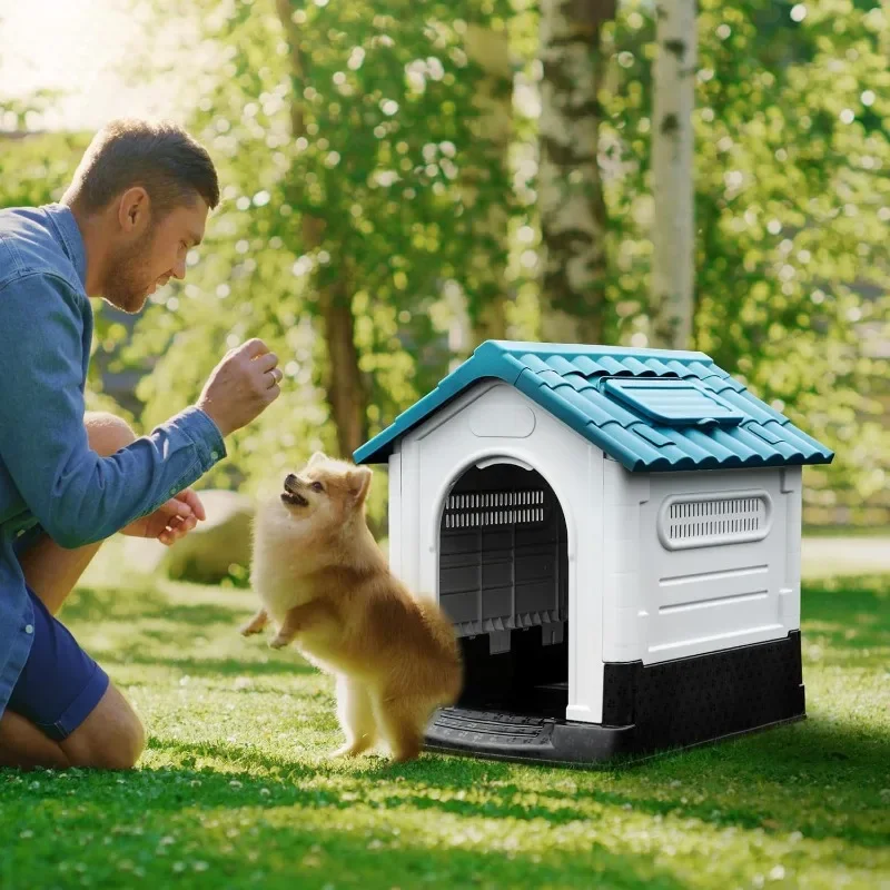 US Folding Large Dog House Outdoor Plastic Doghouse with Adjustable Skylight and Elevated Base Water Resistant Pet House