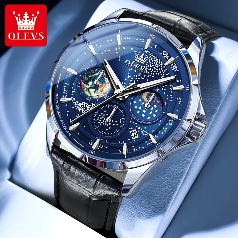 

OLEVS Original Men's Quartz Watch Starry Sky Date Moon Phase Luminous Waterproof Leather Strap Business Quartz Watch for Men