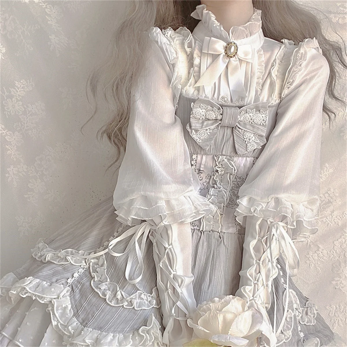 

French Retro Style Cosplay Lolita Shirt Victorian Elegant Girls Lace Ruffled Leg Of Lamb Sleeves Ribbon Long Sleeve Shirt