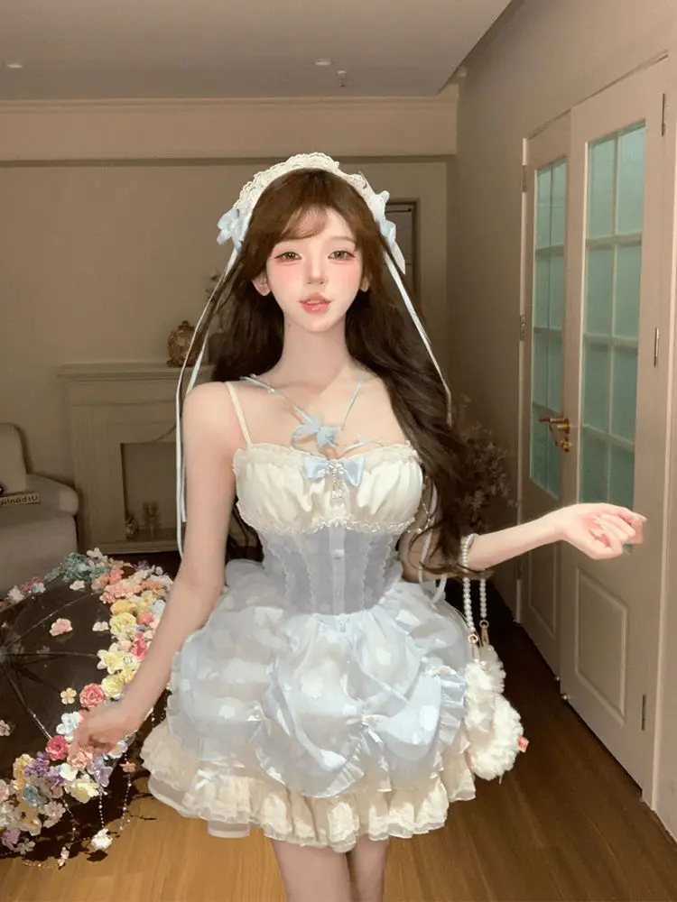 

Japan Lolita Sweet Bow Suspender Skirt Women'S Age Reducing Waist Doll Puff Skirt