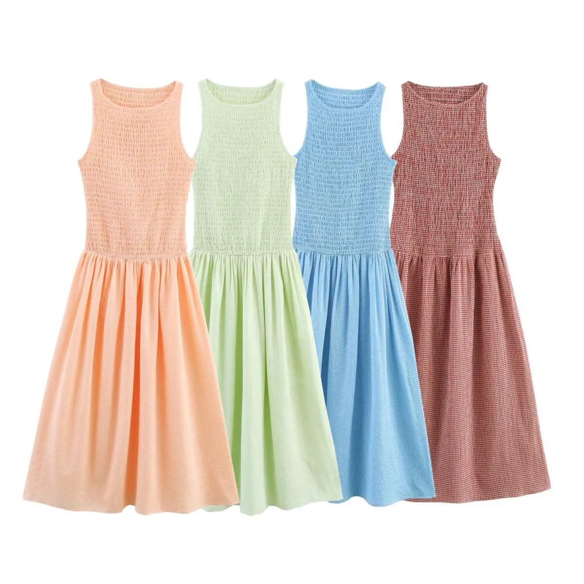 

BM&MD&ZA Womens Casual Loose Round - neck Sleeveless Vest - style Mid - length Checkered Dress with Elastic Pleated Upper Body