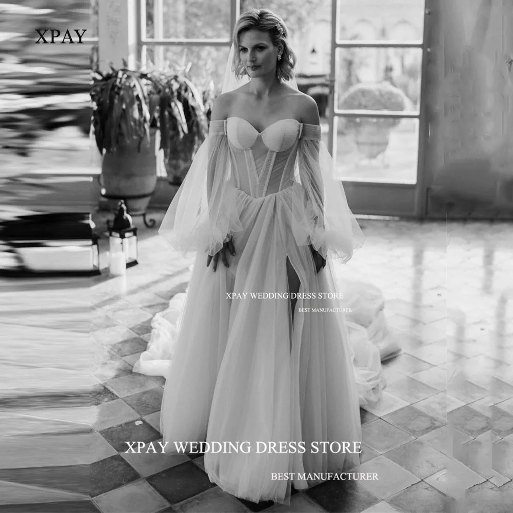 XPAY Off The Shoulder A Line Wedding Dresses Beach Boho Long Puff Sleeve Bridal Gowns  Backless High Side Split Bride Dress