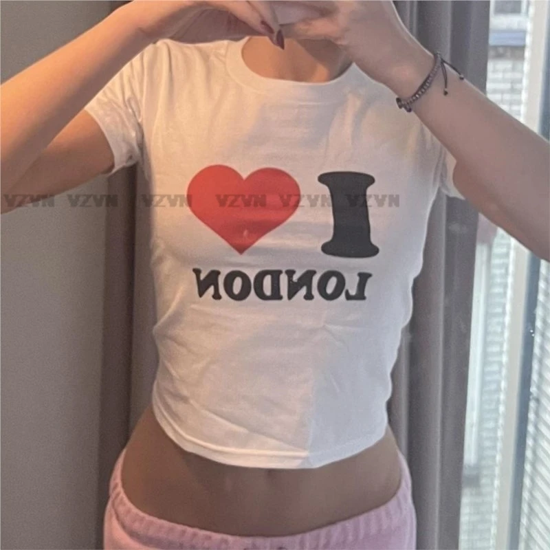 Girls Summer vintage Crop Tops Harajuku Punk I Love London Lettrer T Shirt Short Sleeve fashion Clothes y2k emo o-neck Baby tees