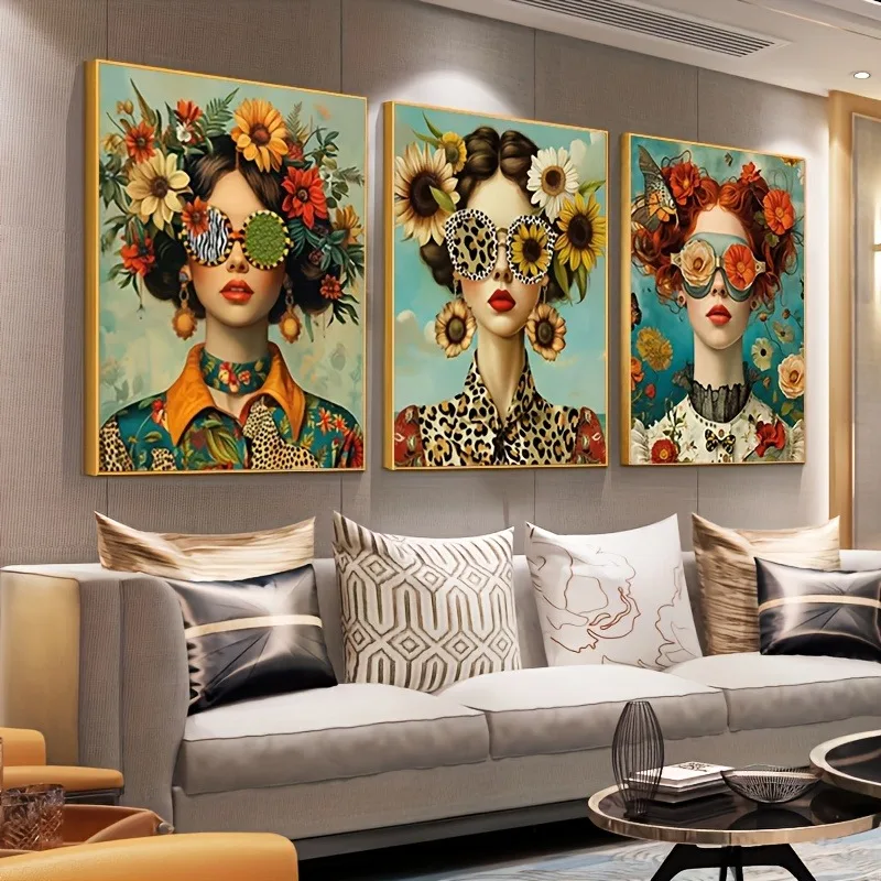 3pcs Art Deco Modern Glam Canvas Wall Art Set,Fashionable Woman with Glasses & Floral Prints,Butterfly Portrait Posters,Unframed