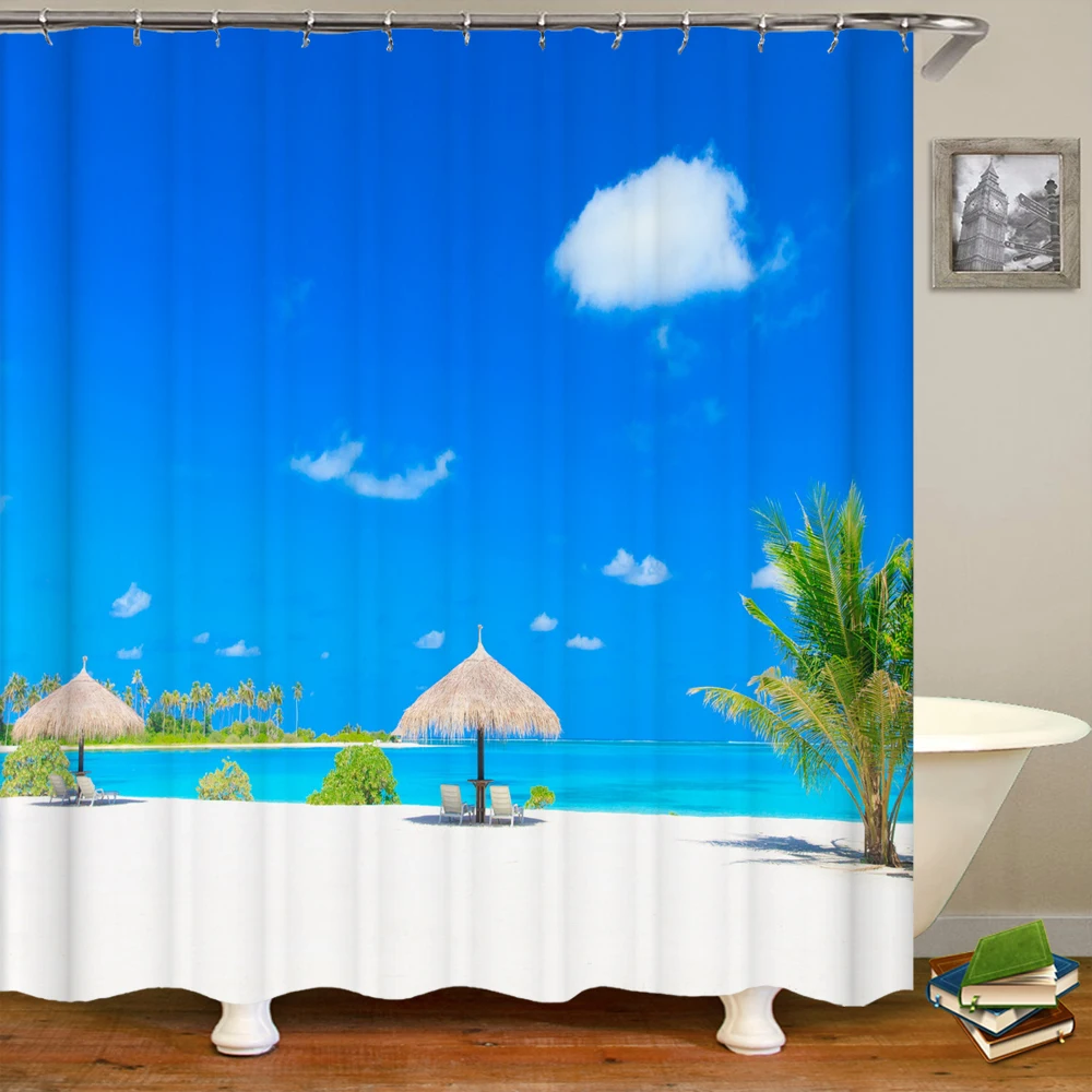 Seaside Sea Beach Sea Wave Coconut Tree Shower Curtains Bathroom Curtain Frabic Waterproof Polyester Bath Curtain with Hooks