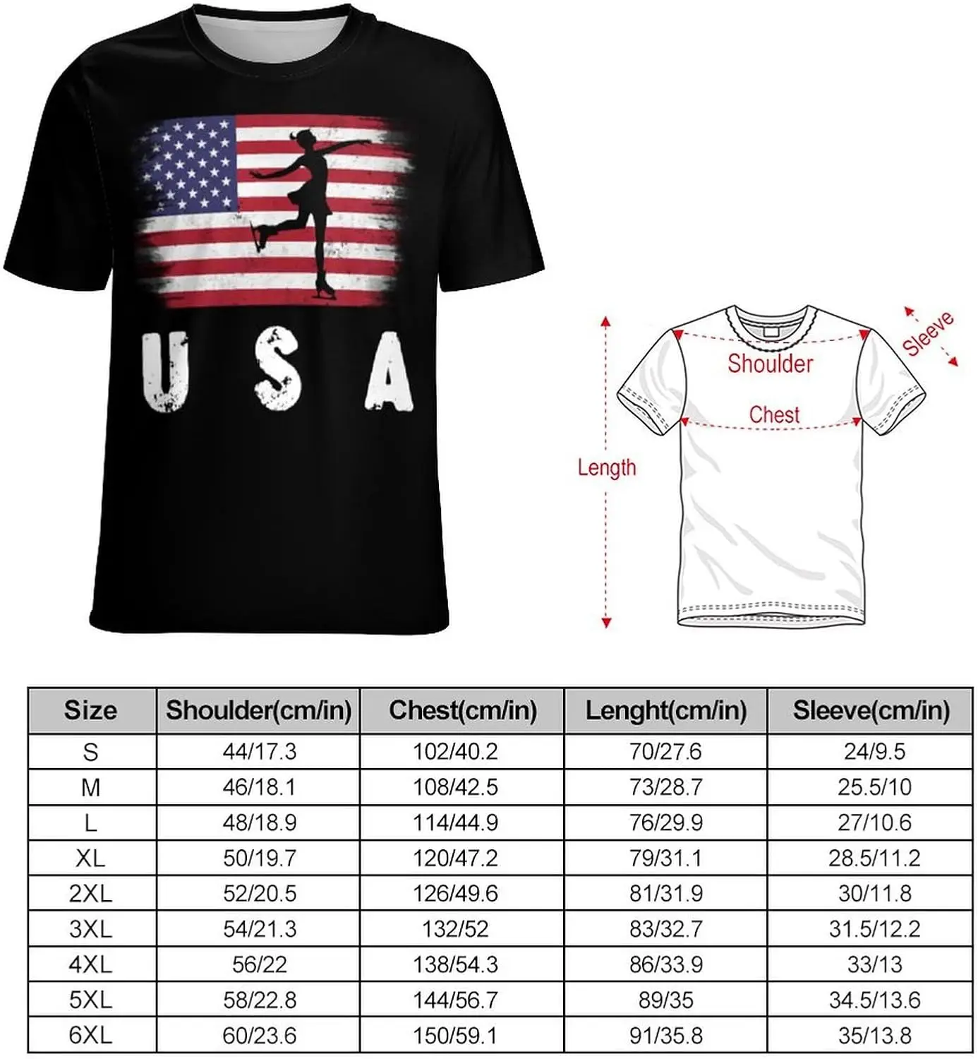 Figure Skating USA Flag Women's T-Shirt Print Short Sleeve Crew Neck Casual Tee Shirt Tops Summer Tops