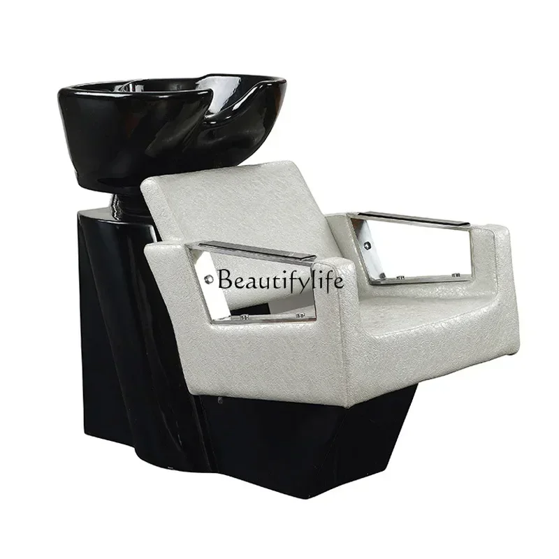 

yj5Barber Shop Stainless Steel Shampoo Chair Hairdressing Semi-Lying Simple Ceramic Basin Flushing Bed